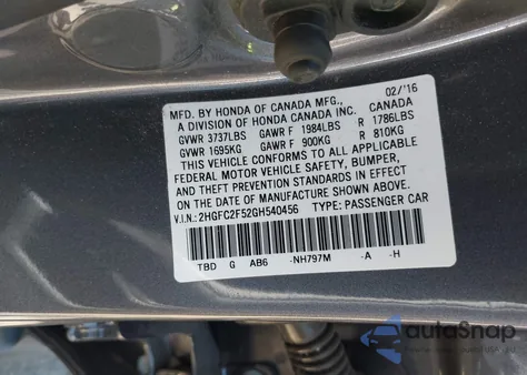 2016 Honda Civic Lx from USA, damaged, VIN 2HGFC2F52GH540456